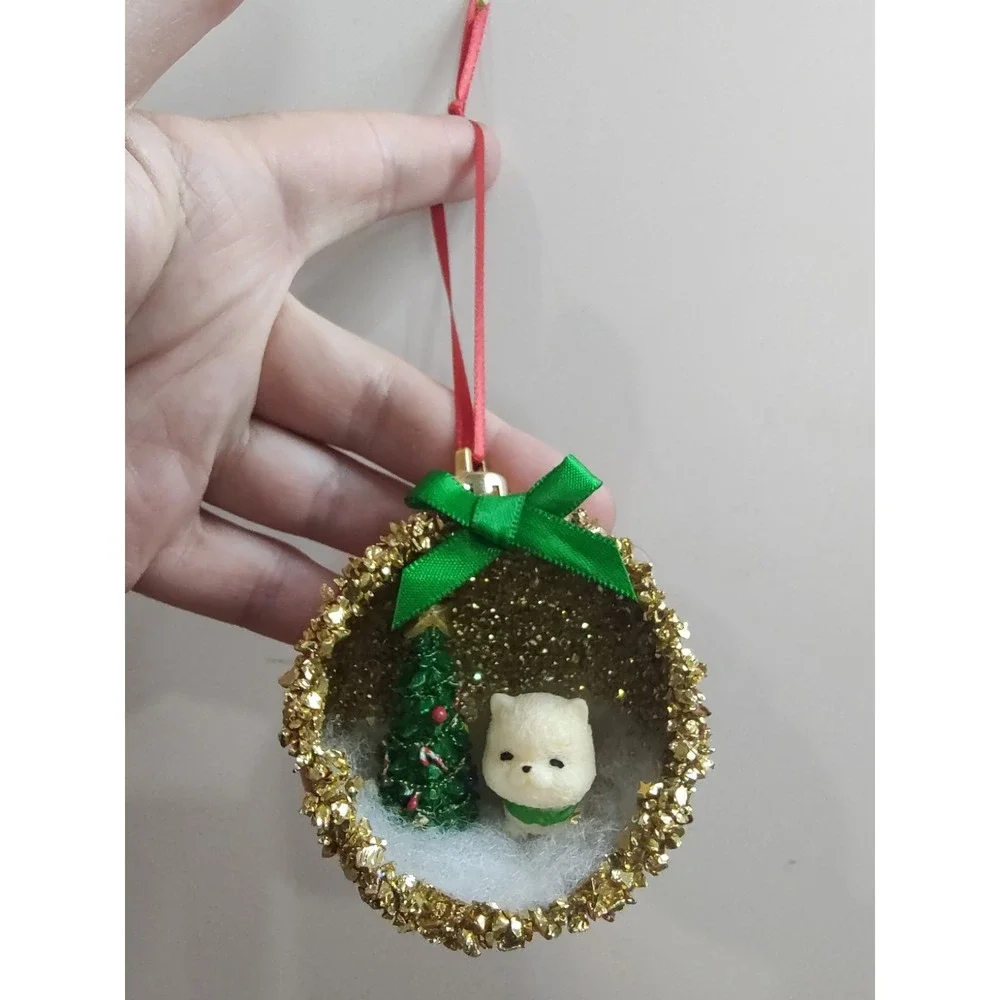 Dog Christmas Ornament Handmade Vtg Style OOAK Shatterproof Puppy Diorama O9